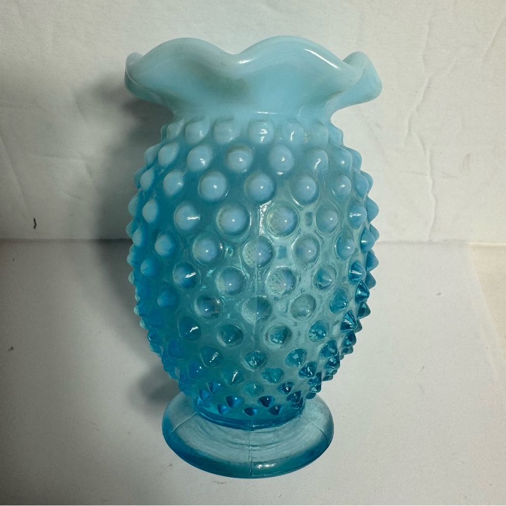 Vintage Fenton opalescent blue vase. Approx. 3.5”H x 2.25”W. collectible glass.